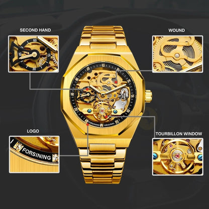 FORSINING F980 Luminous Three Eye Six Shot Weekly Steel Belt Men Fully Automatic Mechanical Watch(Gold Belt Black Face) - Metal Strap Watches by FORSINING | Online Shopping South Africa | PMC Jewellery | Buy Now Pay Later Mobicred