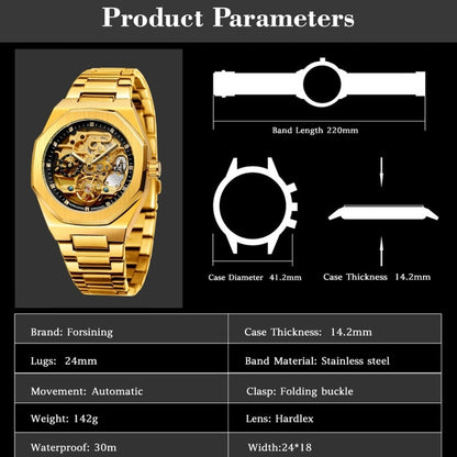 FORSINING F980 Luminous Three Eye Six Shot Weekly Steel Belt Men Fully Automatic Mechanical Watch(Gold Belt Black Face) - Metal Strap Watches by FORSINING | Online Shopping South Africa | PMC Jewellery | Buy Now Pay Later Mobicred