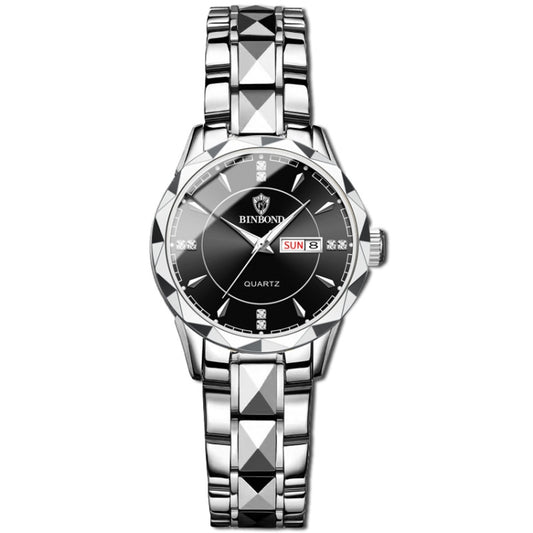 BINBOND B5552 Luminous Multifunctional Business Calendar Quartz Watch(Female-White Steel-Black) - Metal Strap Watches by BINBOND | Online Shopping South Africa | PMC Jewellery | Buy Now Pay Later Mobicred