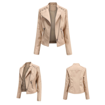 Women Short Leather Jacket Slim Jacket Motorcycle Suit, Size: XXL(Camel) - Jacket & Loose Coat by PMC Jewellery | Online Shopping South Africa | PMC Jewellery