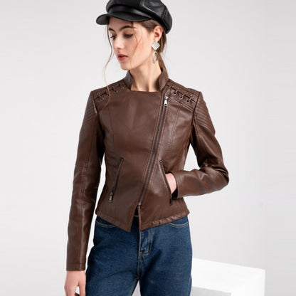 Women Short Leather Jacket Slim Jacket Motorcycle Suit, Size: L(Black) - Jacket & Loose Coat by PMC Jewellery | Online Shopping South Africa | PMC Jewellery