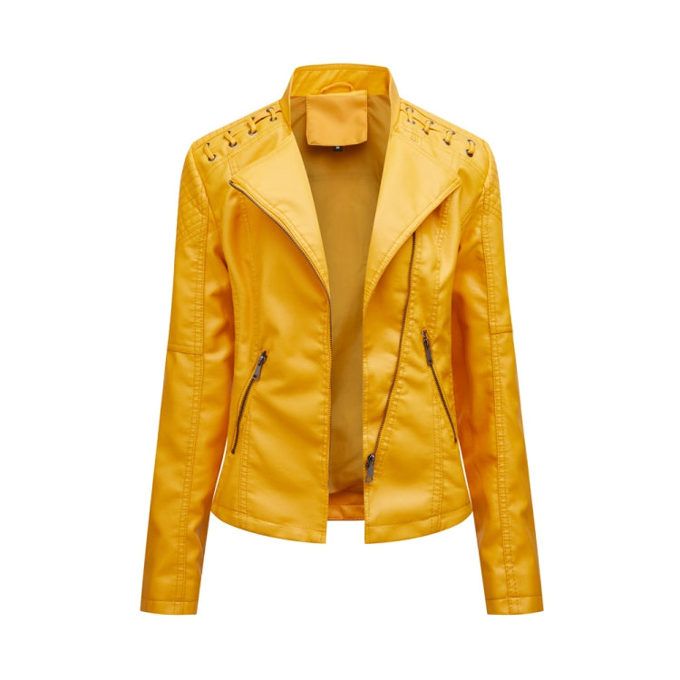 Women Short Leather Jacket Slim Jacket Motorcycle Suit, Size: M(Lemon Yellow) - Jacket & Loose Coat by PMC Jewellery | Online Shopping South Africa | PMC Jewellery