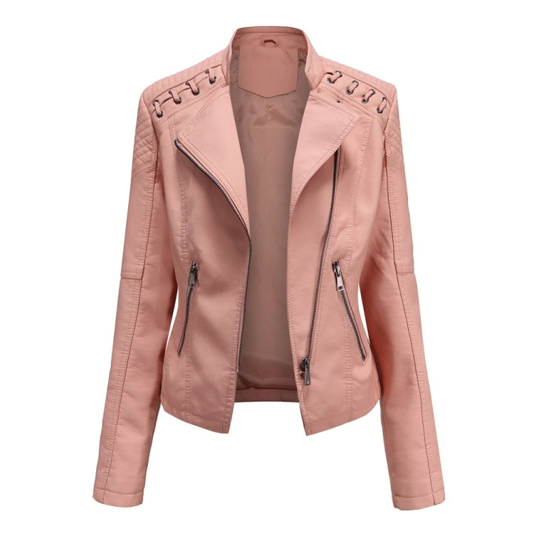 Women Short Leather Jacket Slim Jacket Motorcycle Suit, Size: L(Pink) - Jacket & Loose Coat by PMC Jewellery | Online Shopping South Africa | PMC Jewellery