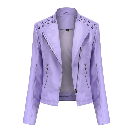 Women Short Leather Jacket Slim Jacket Motorcycle Suit, Size: XL(Pale Lisianthus) - Jacket & Loose Coat by PMC Jewellery | Online Shopping South Africa | PMC Jewellery