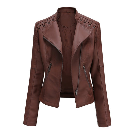 Women Short Leather Jacket Slim Jacket Motorcycle Suit, Size: XXL(Coffee) - Jacket & Loose Coat by PMC Jewellery | Online Shopping South Africa | PMC Jewellery