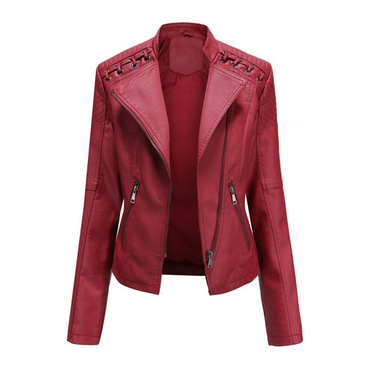 Women Short Leather Jacket Slim Jacket Motorcycle Suit, Size: XXXXL(Red) - Jacket & Loose Coat by PMC Jewellery | Online Shopping South Africa | PMC Jewellery