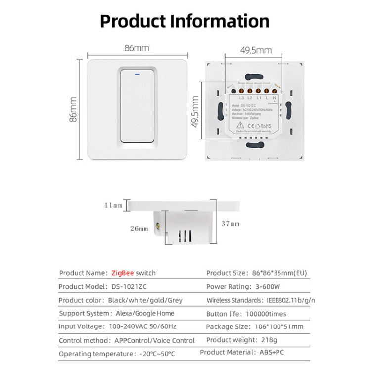 Tuya ZigBee Smart Single-fire Zero-fire Sharing Switch Phone Control Voice Panel EU Plug, Spec: 1 Button - Smart Switch by PMC TechLife | Online Shopping South Africa | PMC TechLife