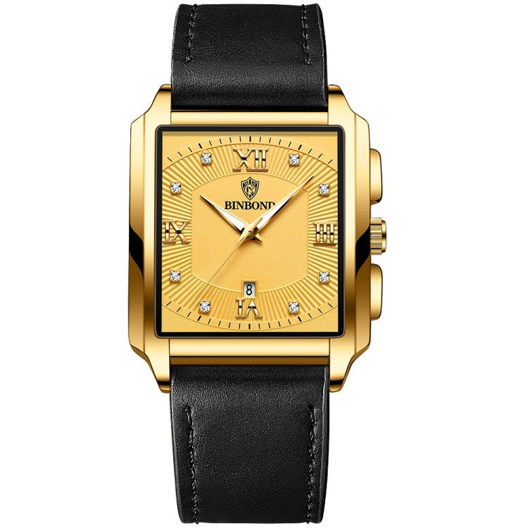 BINBOND B4143 Rectangular Outdoor Men Waterproof Quartz Watches(Black Leather-Full Gold-Gold) - Metal Strap Watches by BINBOND | Online Shopping South Africa | PMC Jewellery | Buy Now Pay Later Mobicred