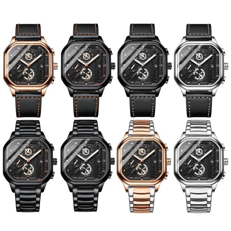 BINBOND B6577 30M Waterproof Luminous Square Quartz Watch, Color: Black Leather-Black-Rose Gold - Leather Strap Watches by BINBOND | Online Shopping South Africa | PMC Jewellery | Buy Now Pay Later Mobicred