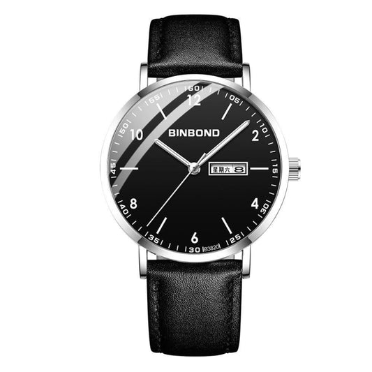 BINBOND B3820 30M Waterproof Ultra-thin Quartz Luminous Starry Watch, Color: Black Leather-White-Black - Metal Strap Watches by BINBOND | Online Shopping South Africa | PMC Jewellery | Buy Now Pay Later Mobicred