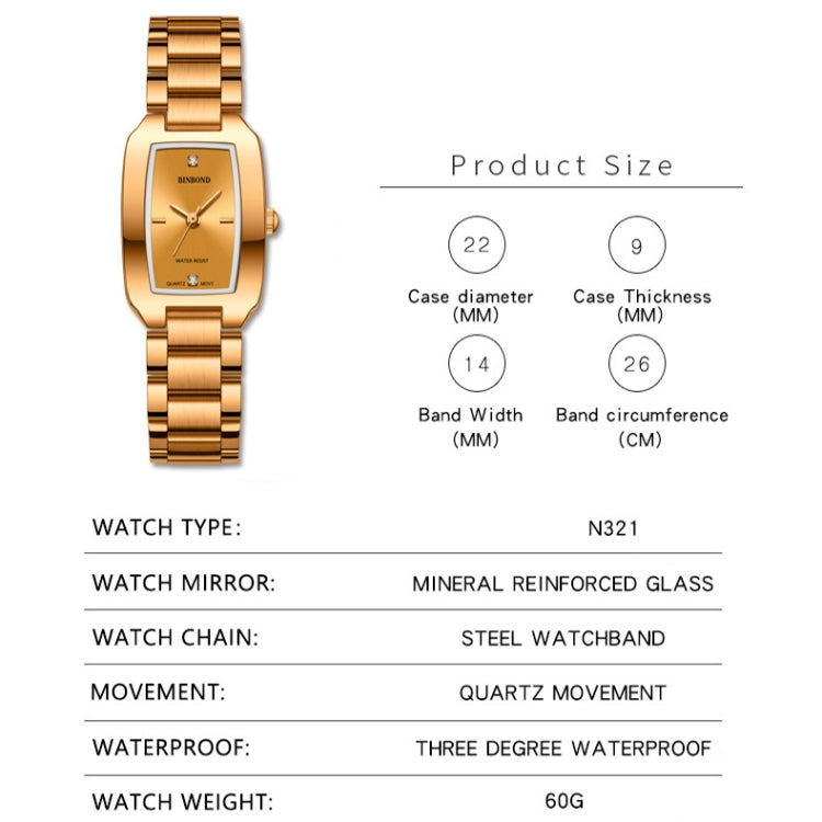 BINBOND N321 Square Temperament Metal 30M Waterproof Quartz Watch, Color: Gold - Metal Strap Watches by BINBOND | Online Shopping South Africa | PMC Jewellery | Buy Now Pay Later Mobicred