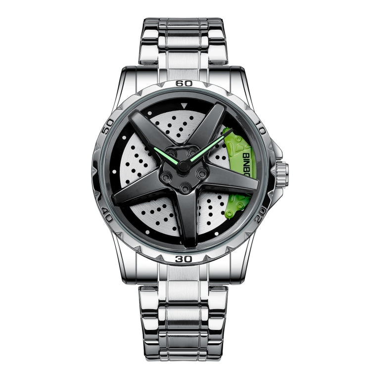 BINBOND D002 Car Hub Dial Multifunctional Waterproof and Wear-resistant Men's Watch(White Steel-Green) - Metal Strap Watches by BINBOND | Online Shopping South Africa | PMC Jewellery | Buy Now Pay Later Mobicred