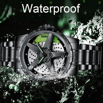 BINBOND D002 Car Hub Dial Multifunctional Waterproof and Wear-resistant Men's Watch(White Steel-Green) - Metal Strap Watches by BINBOND | Online Shopping South Africa | PMC Jewellery | Buy Now Pay Later Mobicred