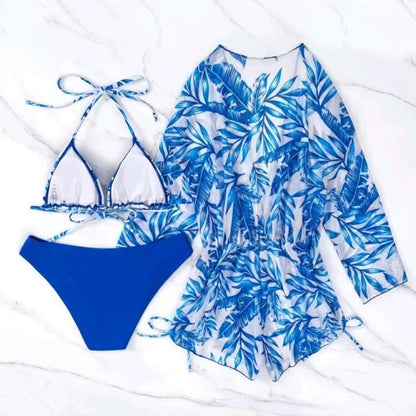 Leaf-print Waist Lace-up Three-Piece Bikini Set Long-sleeved Beach Sun Protection Swimsuit, Size: XL(Blue) - Swimwear by PMC Jewellery | Online Shopping South Africa | PMC Jewellery