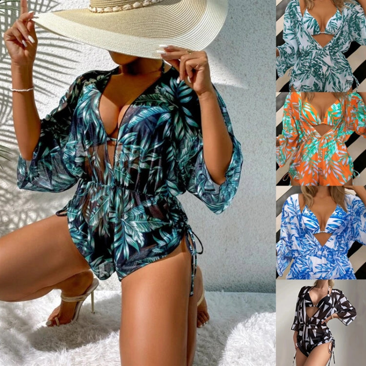 Leaf-print Waist Lace-up Three-Piece Bikini Set Long-sleeved Beach Sun Protection Swimsuit, Size: S(Black) - Swimwear by PMC Jewellery | Online Shopping South Africa | PMC Jewellery