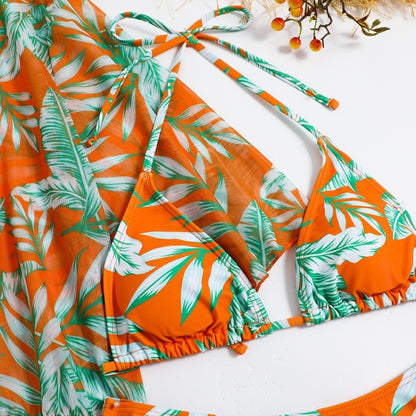 Leaf-print Waist Lace-up Three-Piece Bikini Set Long-sleeved Beach Sun Protection Swimsuit, Size: L(Orange) - Swimwear by PMC Jewellery | Online Shopping South Africa | PMC Jewellery
