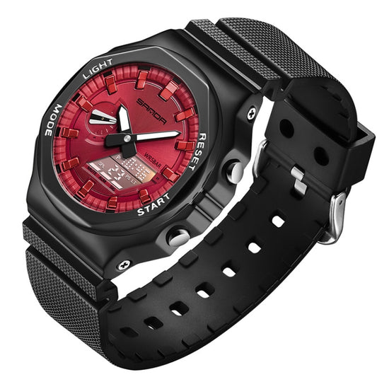 SANDA Octagonal Oak Hand Lamp Waterproof Sports Alarm Clock Men Watch(Black Red) - Silicone Strap Watches by SANDA | Online Shopping South Africa | PMC Jewellery