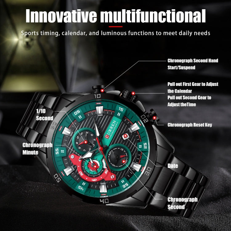 Curren 8402 Calendar Six-Hand Steel Strap Business Quartz Watch, Color: Black Shell Green - Metal Strap Watches by Curren | Online Shopping South Africa | PMC Jewellery | Buy Now Pay Later Mobicred