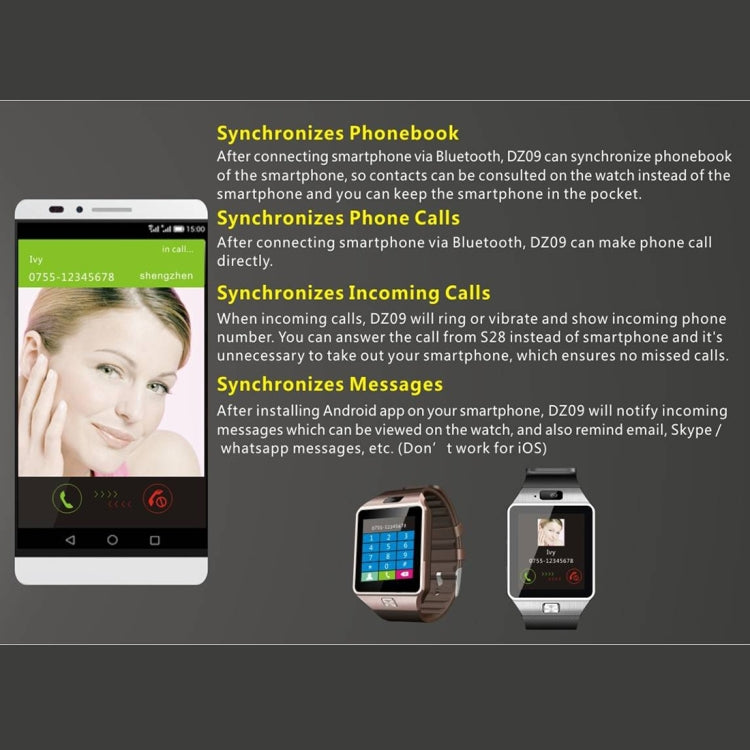 DZ09 1.56 inch Screen Bluetooth 3.0 Android 4.1 OS Above Smart Watch Phone with Bluetooth Call & Call Reminder & Sleep Monitor & Pedometer & Sedentary Reminder & Calendar & SMS & Audio and Video Player & Anti-loss Function(Black) - Smart Watches by PMC Jewellery | Online Shopping South Africa | PMC Jewellery | Buy Now Pay Later Mobicred