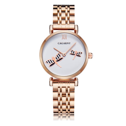 CAGARNY 6880 Fashion Life Waterproof Dragonfly White Background Gold Steel Band Quartz Watch - Metal Strap Watches by CAGARNY | Online Shopping South Africa | PMC Jewellery | Buy Now Pay Later Mobicred