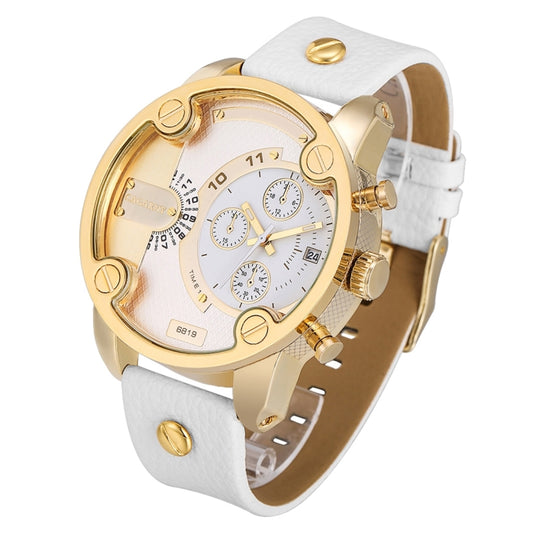 CAGARNY 6819 Fashionable Multifunctional Dual Time Zone Quartz Business Sport Wrist Watch with Leather Band & GMT Time & Calendar & Luminous Display for Men(Gold Case White Strap) - Leather Strap Watches by CAGARNY | Online Shopping South Africa | PMC Jewellery | Buy Now Pay Later Mobicred