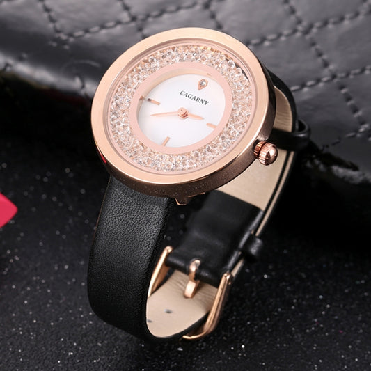 CAGARNY 6878 Water Resistant Fashion Women Quartz Wrist Watch with Leather Band(Black+Gold+White) - Leather Strap Watches by CAGARNY | Online Shopping South Africa | PMC Jewellery | Buy Now Pay Later Mobicred