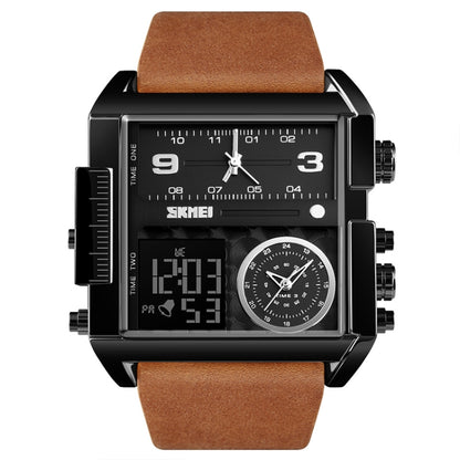 SKMEI 1391 Multifunctional Men Business Digital Watch 30m Waterproof Square Dial Wrist Watch with Leather Watchband(Black Brown) - Leather Strap Watches by SKMEI | Online Shopping South Africa | PMC Jewellery | Buy Now Pay Later Mobicred