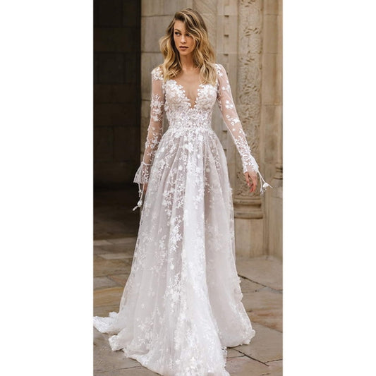 Women Sexy Lace Long Sleeve Evening Dress (Color:White Size:M) - Dress by PMC Jewellery | Online Shopping South Africa | PMC Jewellery