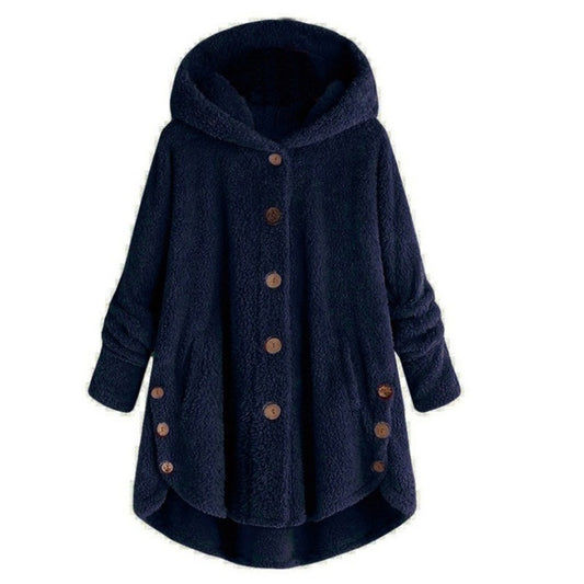 Button Plush Irregular Solid Color Coat (Color:Navy Blue Size:M) - Hoodie by PMC Jewellery | Online Shopping South Africa | PMC Jewellery